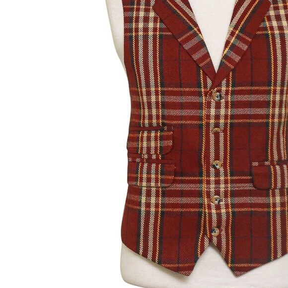 Mens Vest 44R Plaid Wool Burgundy Yellow Waistcoat Western Formal Wedding Party - Picture 7 of 9
